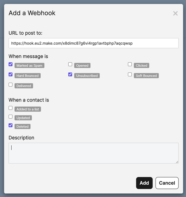 Screenshot - Setup Webhook in Brevo